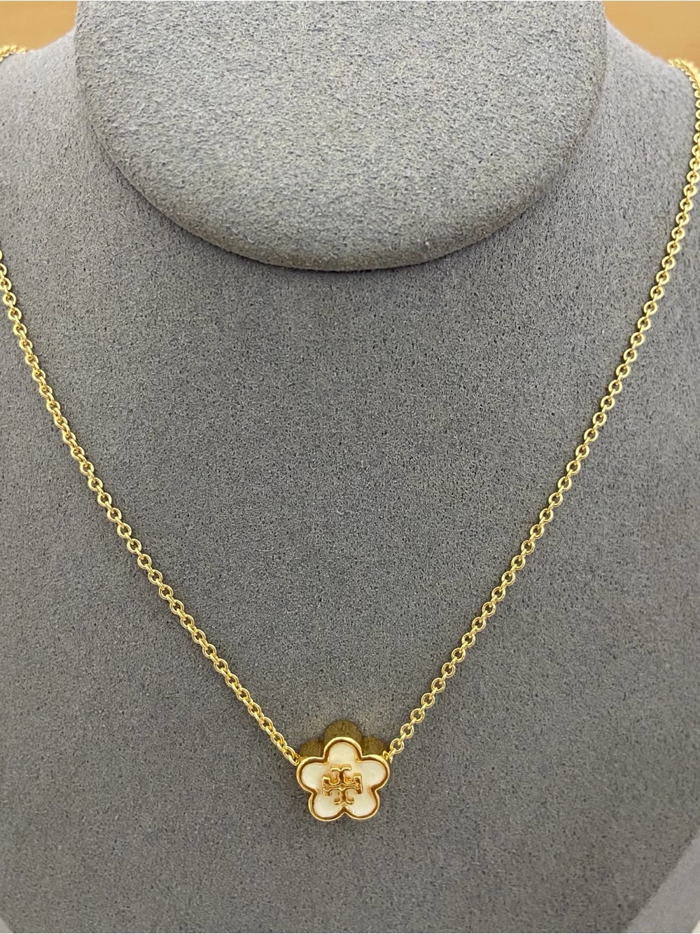 Tory Burch Gold Flower Necklace with White Enamel